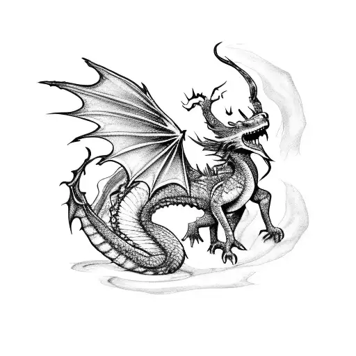 A dark and enchanting scene of a dragon and fairy dancing to music from a magical book tattoo design idea