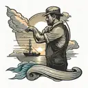 A black-grey tattoo of a silhouette of a blue collar worker against a backdrop of a sunset over the ocean, symbolizing your dedication to hard work and your love for the sea tattoo design idea