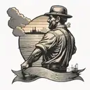 A black-grey tattoo of a silhouette of a blue collar worker against a backdrop of a sunset over the ocean, symbolizing your dedication to hard work and your love for the sea tattoo design idea