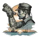 A black-grey tattoo of a silhouette of a blue collar worker against a backdrop of a sunset over the ocean, symbolizing your dedication to hard work and your love for the sea tattoo design idea