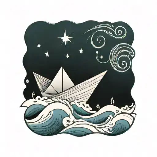 paper boat on line waves tattoo design idea