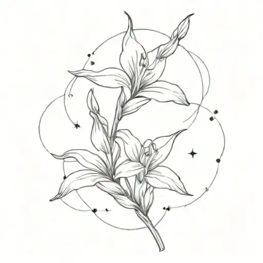 gladiolus flower climps along universe stars  tattoo design idea