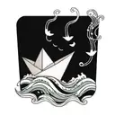 paper boat on line waves tattoo design idea