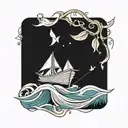 paper boat on line waves tattoo design idea