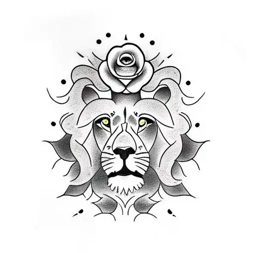 half face of a lion, half rose, cross in the middle involving the entire tattoo with a thorn crown tattoo design idea
