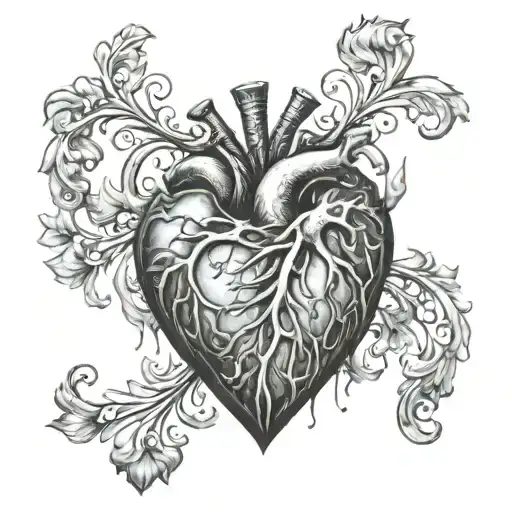 Anatomically correct hyper realistic flaming heart   tattoo design idea