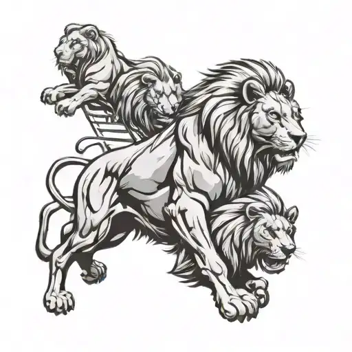 A comic book style illustration of a lion leading its family through a challenging obstacle course, symbolizing resilience and teamwork tattoo design idea