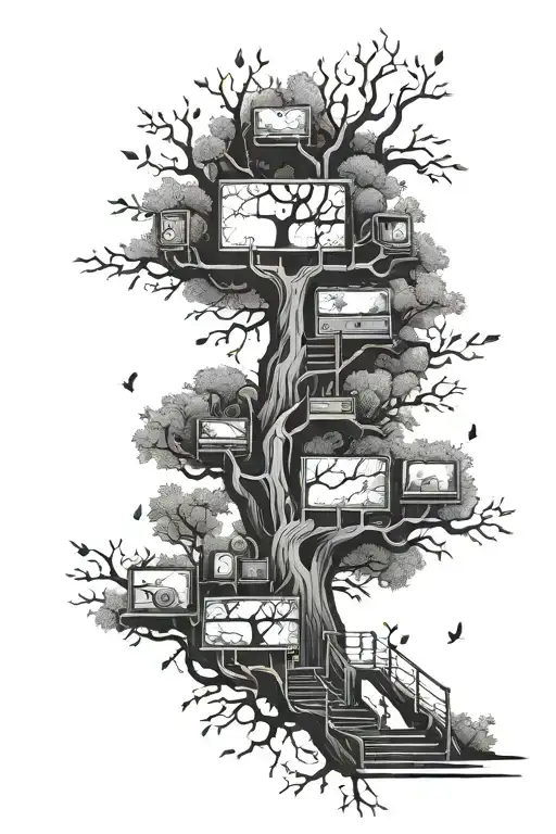 An intricate design of a family tree with branches representing different aspects of your life, including symbols of gaming, basketball, and personal growth like a ladder reaching towards the sky tattoo design idea