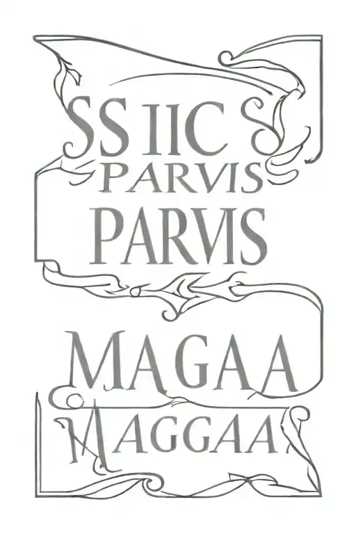 "sic parvis magna" written vertically  old classic font mens forearm tattoo design idea