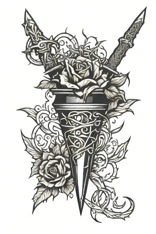 dagger piercing heart with thorns around tattoo design idea