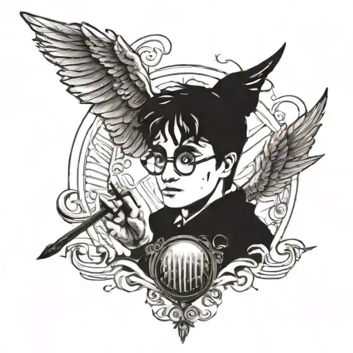 Harry Potter with a wand and a golden snitch tattoo design idea