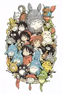 Studio Ghibli characters from howls moving castle and totoro. including kikis delivery service tattoo design idea