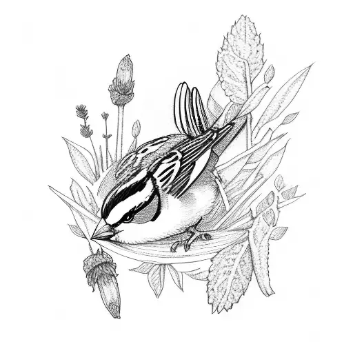 Sparrow holding mint and lavender leaves tattoo design idea