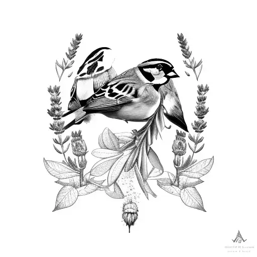 Sparrow flying holding lavender and mint leaves in beak tattoo design idea