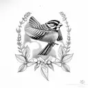Sparrow flying holding lavender and mint leaves in beak tattoo design idea