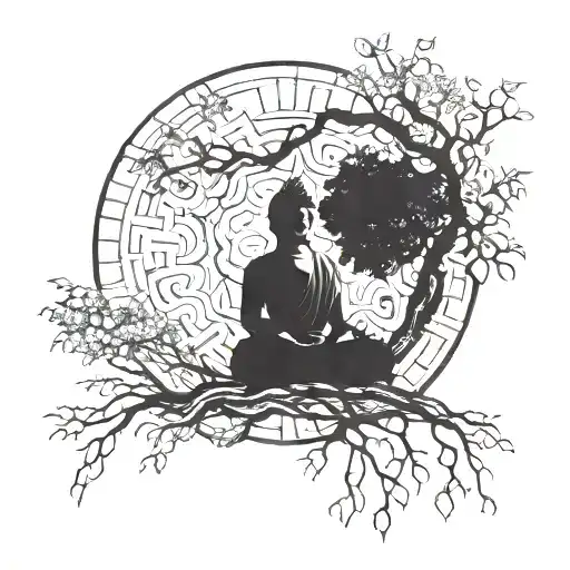 A modern interpretation of Buddha meditating under a Bodhi tree tattoo design idea
