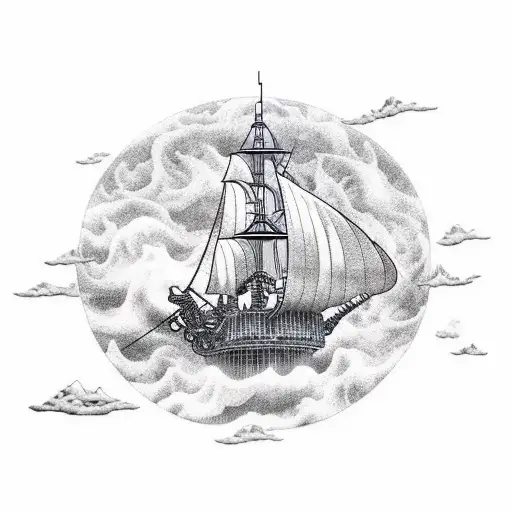 A mashup of a pirate ship and the airship from Final Fantasy VIII, flying over a landscape inspired by Hyrule from Legend of Zelda tattoo design idea