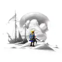 A realistic depiction of Link from Legend of Zelda battling a pirate captain from Final Fantasy VIII on a deserted island tattoo design idea