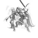 A realistic depiction of Link from Legend of Zelda battling a pirate captain from Final Fantasy VIII on a deserted island tattoo design idea