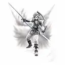 A realistic depiction of Link from Legend of Zelda battling a pirate captain from Final Fantasy VIII on a deserted island tattoo design idea