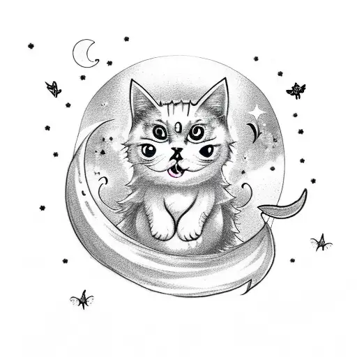 Cute ghost holding a cat with sparkles, butterflies and crescent moon in the background tattoo design idea