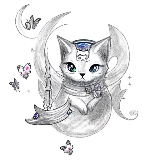Cute ghost with a cat with sparkles, butterflies and crescent moon in the background tattoo design idea