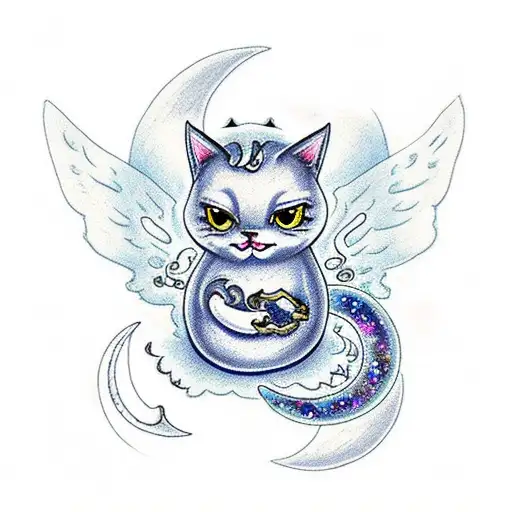 Cute ghost with cat in ARMS with sparkles, butterflies and crescent moon in the background tattoo design idea