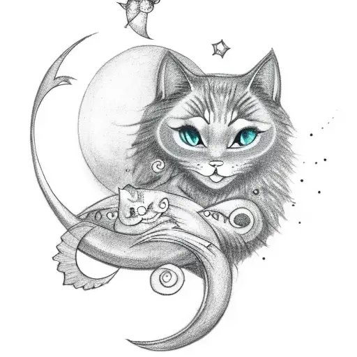 Cute ghost with cat in ARMS with sparkles, butterflies and crescent moon in the background tattoo design idea