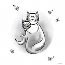 Cute ghost holding a cat with sparkles, butterflies and crescent moon in the background tattoo design idea
