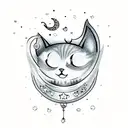 Cute ghost holding a cat with sparkles, butterflies and crescent moon in the background tattoo design idea