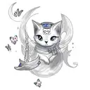 Cute ghost with a cat with sparkles, butterflies and crescent moon in the background tattoo design idea
