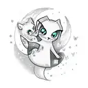Cute ghost with a cat with sparkles, butterflies and crescent moon in the background tattoo design idea