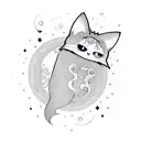 Cute ghost with a cat with sparkles, butterflies and crescent moon in the background tattoo design idea