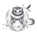 Cute ghost with a cat with sparkles, butterflies and crescent moon in the background tattoo design idea