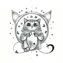 Cute ghost with cat in ARMS with sparkles, butterflies and crescent moon in the background tattoo design idea