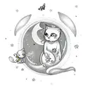 Cute ghost with cat in ARMS with sparkles, butterflies and crescent moon in the background tattoo design idea
