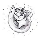 Cute ghost with cat in ARMS with sparkles, butterflies and crescent moon in the background tattoo design idea
