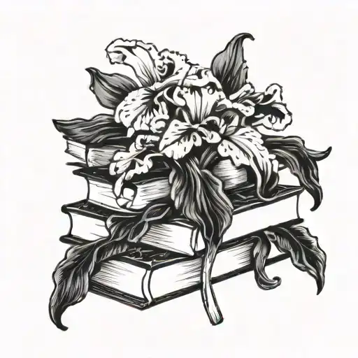 A black bearded iris flower intertwined with a stack of books tattoo design idea
