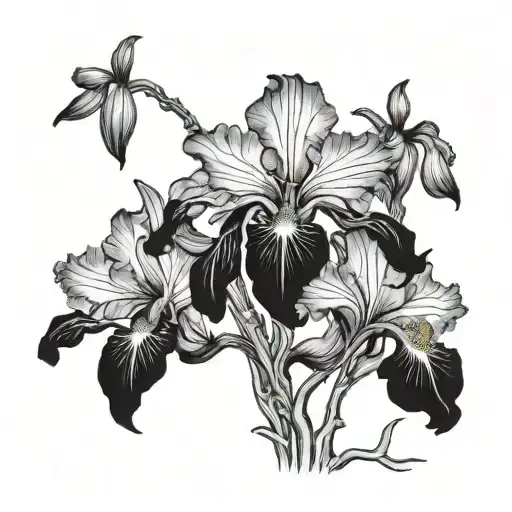 A hauntingly beautiful garden filled with black bearded iris flowers and dark, twisted vines tattoo design idea