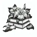 A black bearded iris flower intertwined with a stack of books tattoo design idea