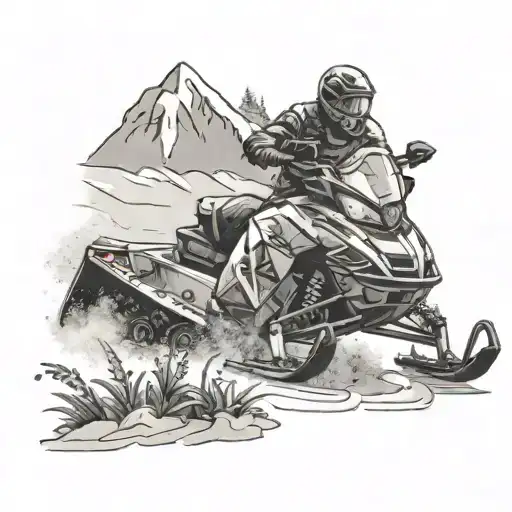 A black-grey tattoo of a snowmobile racing through a snowy landscape, with weed plants scattered in the background tattoo design idea