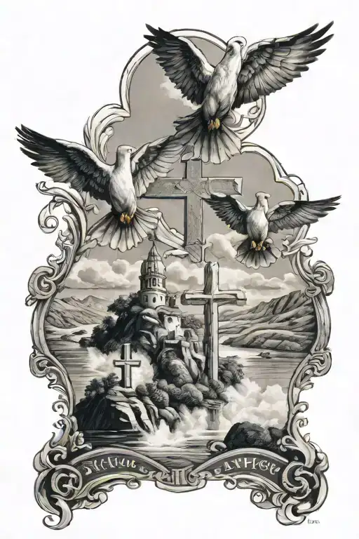 3 crosses of on a hill, trinity symbol, a flying dove, biblical text, river tattoo design idea