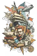 Concept art with Titanic, Captain America, books, Star Wars and Harry Potter and the letters ECMVNBLISJGDRF tattoo design idea