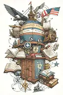 Concept art with Titanic, Captain America, books, Star Wars and Harry Potter and the letters ECMVNBLISJGDRF tattoo design idea