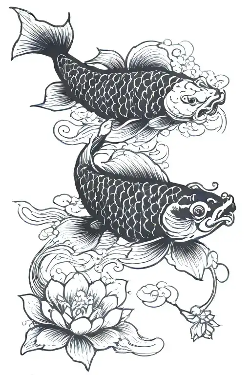 black scaled koi swimming beneath lotus blossoms tattoo design idea