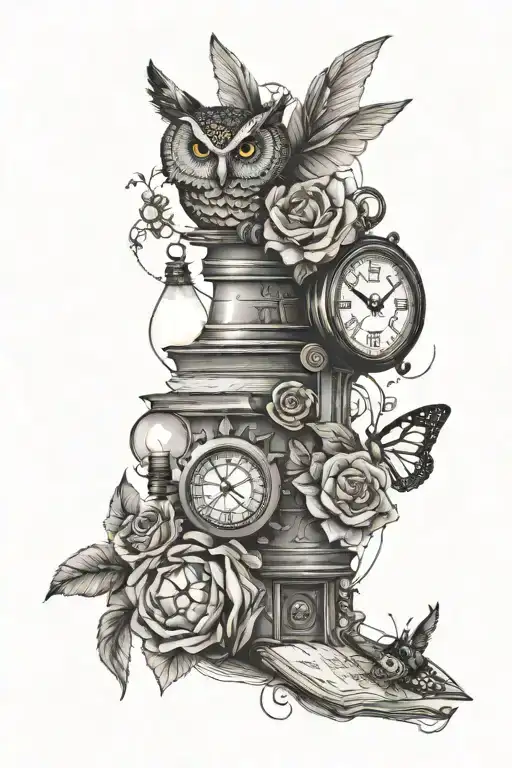 helix, butterfly, roses, mountain, owl, open book, lightbulb and a compass tattoo design idea