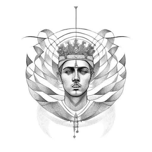 feather, a roman god, and a crown in a geometric pattern tattoo design idea
