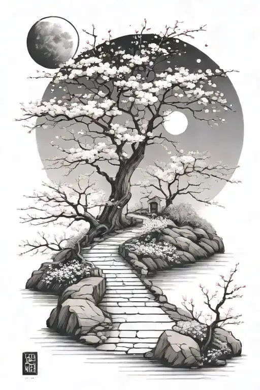 a moonlit, subtle, winding path surrounded by cherry blossom, the path gradually fades tattoo design idea