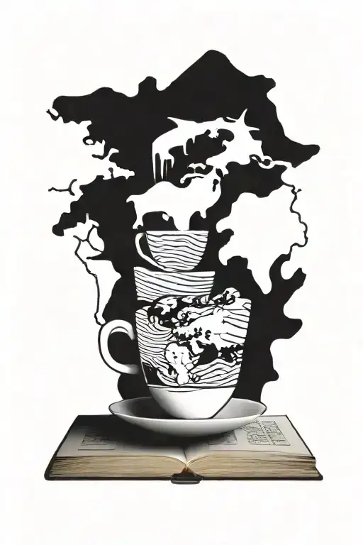 A coffee cup morphing into a stack of books with a world map in the background tattoo design idea