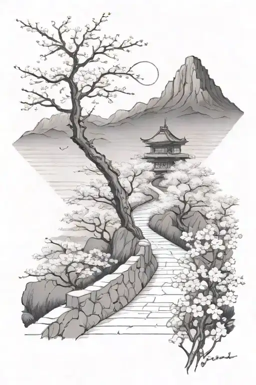 a moonlit, subtle, winding path surrounded by cherry blossom, the path gradually fades. in the background small mountain tattoo design idea